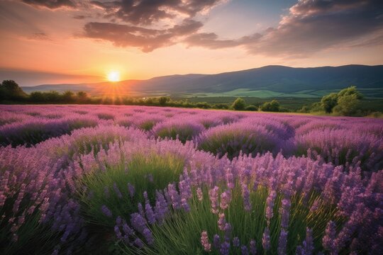 Purple lavender field under setting sun, butterflies and mountains in the background., generative IA © Lindamar