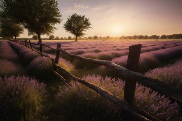 Golden lavender field, country house, mountains in the background. Tranquil beauty., generative IA