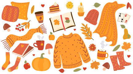 Large cozy autumn set in warm colors in flat style: sweater, scarf, hat, socks, rubber boots, books, tea, coffee, cocoa, cake, playing cards, candle, pillows