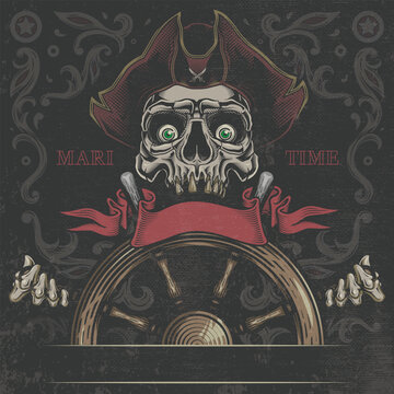 Ghost Pirate vintage label poster. Vector illustration in engraving technique of pirate skull holding ship steering wheel on decorative dark grunge background.
