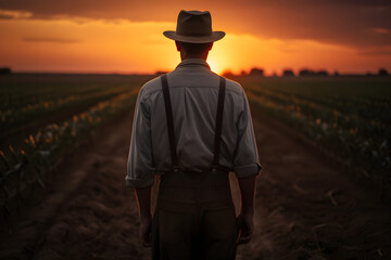 Harvesting Dreams: Farm Worker Amid Sunset, Unprimed Canvas Style, with a Touch of Goosepunk Innovation