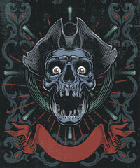 Ghost Pirate vintage label poster. Vector illustration in engraving technique of pirate skull with hat on decorative dark grunge background.