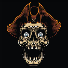 Pirate skull. Vector illustration in engraving technique of human skull with tricorn hat isolated on black.