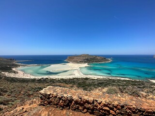 Spectacular view of Balos beach in Crete, Greece with a wide sandy beach