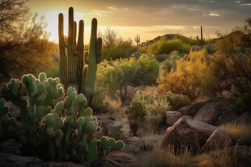 Vast cactus desert under the setting sun., generative IA