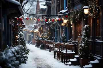 Obraz premium Night city winter snowy street decorated with luminous garlands and lanterns for christmas, urban preparations for new year