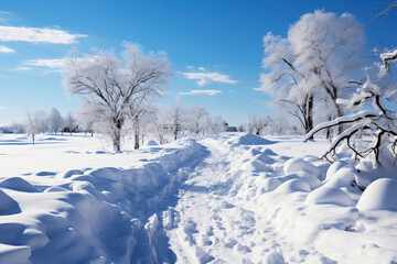 Obraz premium Snowy winter landscape in the countryside, a path among trees covered with frost, cold season wallpaper