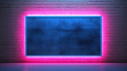 A neon square frame casts a brilliant glow, dramatically illuminating a raw concrete wall.This juxtaposition of cold, industrial texture and vibrant luminescence encapsulates a modern, urban aesthetic - obrazy, fototapety, plakaty