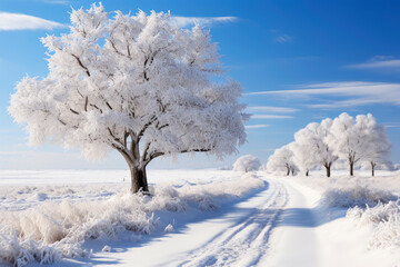 Snowy winter landscape in the countryside, a path among trees covered with frost, cold season wallpaper