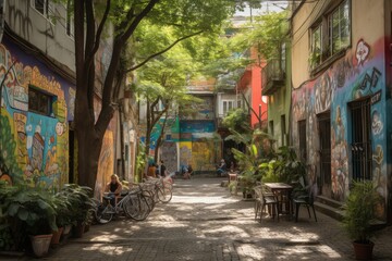 Urban scene in Pinheiros: tall pines, vibrant graffiti, cozy cafes and colorful market., generative IA