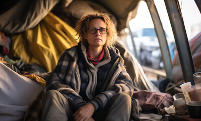 Fototapeta premium Daily Life in a Tent City for the Homeless - Generative Ai