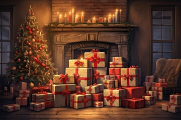 christmas tree with christmas gift stack in a cozy living room setting, with a warm fireplace glowing in the background, evoking the holiday spirit - obrazy, fototapety, plakaty