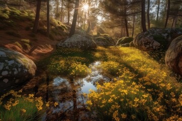 Serene scenery: stream, tall pines, colorful flowers., generative IA