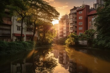 Urban-natural contrast: sunny Pinheiros, bustling life and serene river., generative IA