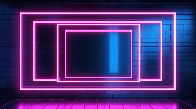 A neon square frame blazes vividly on the façade of a futuristic building, serving as both a beacon of illumination and a symbol of avant-garde architecture. The glow from the frame contrasts sharply