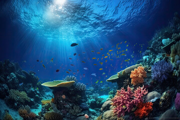 Naklejka na ściany i meble Animals of the underwater world with sun rays. Coral reef and fish. Generative AI