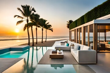 Fototapeta na wymiar A high-end coastal resort boasting a chic beach lounge area, strategically placed beneath towering palm trees. The lounge features modern minimalist design, with sleek white furniture.