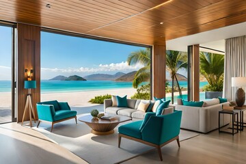 A high-end coastal resort boasting a chic beach lounge area, strategically placed beneath towering palm trees. The lounge features modern minimalist design, with sleek sky blue furniture.