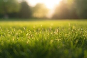 Neatly trimmed lawn on blurred spring background. Ground level view. Generative AI