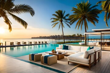 A high-end coastal resort boasting a chic beach lounge area, strategically placed beneath towering palm trees. The lounge features modern minimalist design, with sleek white furniture.