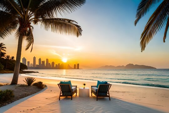 Luxury beach with chillout lounge place for rest next to sea shore under the palm trees. 