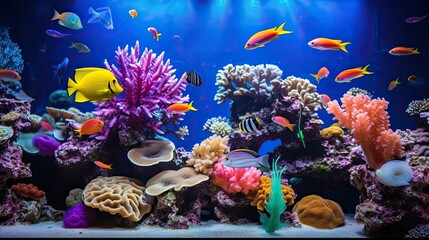Tropical Fishes and Corals in an Aquarium. Generative AI