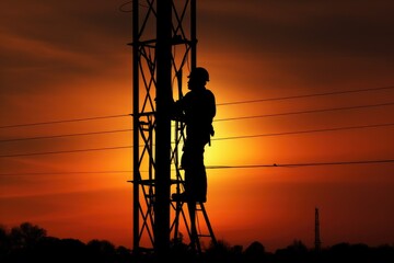 Silhouettes of workers on high-voltage towers, Electrical Engineers and Workers.