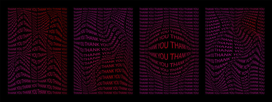 Set of distorted grid posters thank you phrases. y2k aesthetic, 90s, 00s retro style gradient posters isolated on black background. Vertical geometric banners. Vector illustration