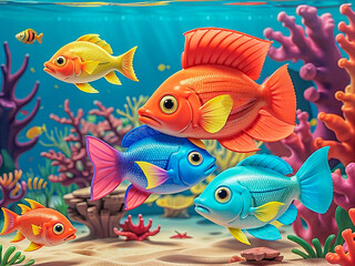 Dibujo animado de peces coloridos en el mar 