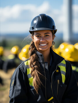 Retrato De Ingeniero Electricista En Casco De Seguridad Y Uniforme Usando Paneles Solares De Verificación De Laptops. Técnicas Mujeres En La Estación Solar.