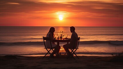 A couple sits at a table on the beach at sunset - obrazy, fototapety, plakaty