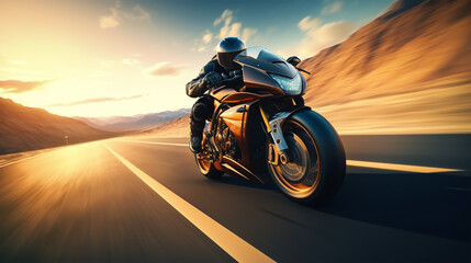 Motorcycle rider riding on the highway road. Extreme sport concept. bike race on track