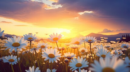 A field of daisies with the sun setting behind - obrazy, fototapety, plakaty