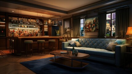 A living room with a couch and a bar with a tv on the