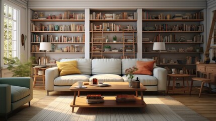 Obraz na płótnie Canvas A living room with a couch a coffee table and a bookca