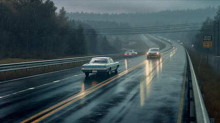 Car driving on a highway in the rain. Motion blur effect.