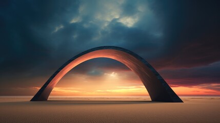 A solitary black arch stands boldly in the midst of the sands, its silhouette framed by billowing clouds overhead. As the clouds gather, they form a dramatic backdrop