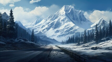 A road in the snow with a mountain  in the