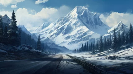 Foto op Canvas A road in the snow with a mountain  in the © lara
