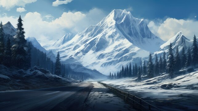 A road in the snow with a mountain  in the