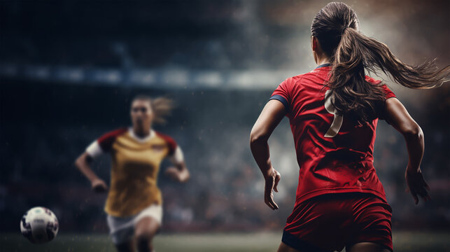 Rear view of female soccer player standing in stadium