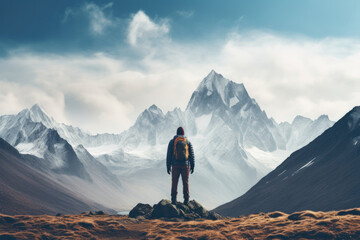 Man hiker with backpack on top of the mountain back, looking at the snow slope. Concept motivation...