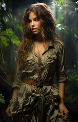 Obraz na płótnie Canvas Beautiful girl traveler on the background of the green jungle.