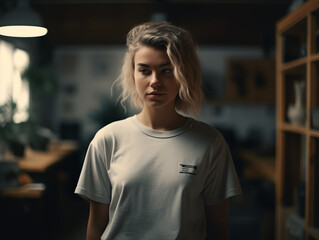 Fototapeta premium girl standing while wearing white empty mock-up shirt, tshirt