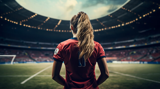 Rear view of female soccer player standing in stadium