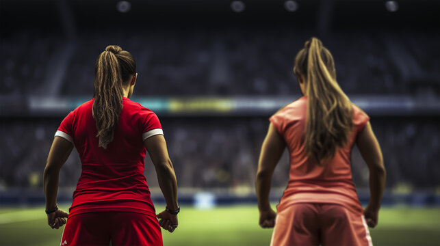Rear view of two female soccer players standing in stadium