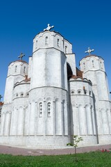 Church of the Three Holy Hierarchs in Skopje, North Macedonia. White Stone Orthodox Church.