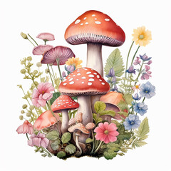 fly mushroom. Watercolor mushrooms and flowers on white background. Hand drawn illustration.