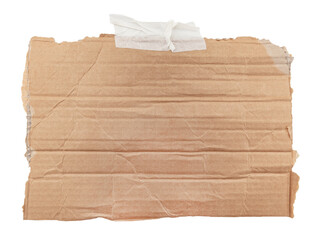 A torn piece of cardboard with tape on a white background. Box. Cardboard with free space for writing