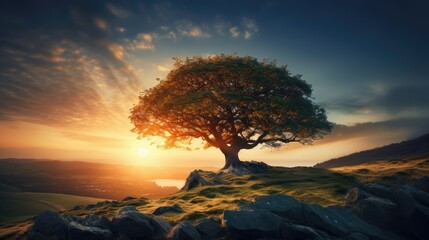 A tree on a hill with the sun setting behind it - obrazy, fototapety, plakaty